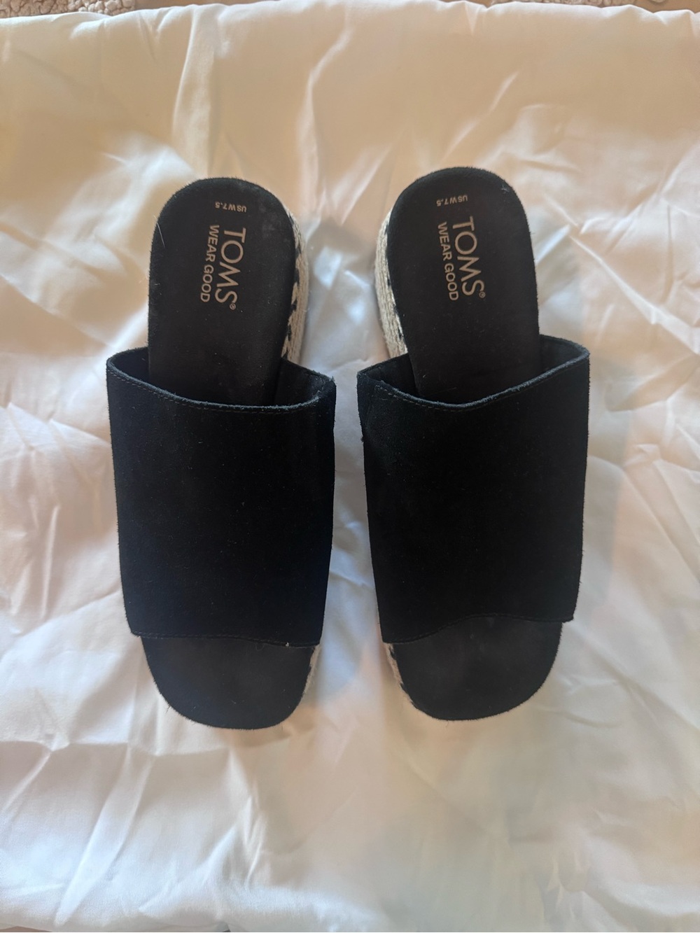 TOMS Black Suede Slide Mules with Espadrille Trim